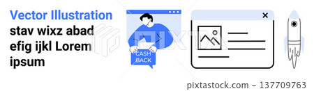 Cashback, online shopping, financial management, digital marketing, website design, innovation. Person holding cash back sign, webpage and rocket icon. Cashback and online shopping concept Cashback, online shopping, financial management, digital marketing, website design, innovation. Person holding cash back sign, webpage and rocket icon. Cashback and online shopping concept 137709763