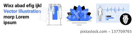 Wellness, healthcare, data analysis, fashion design, digital monitoring, fitness tracking. Blue lotus flower, clothing on a rack medical data displays with heart and EKG. Wellness and healthcare 137709765