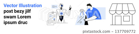 Artificial intelligence, ecommerce, retail experience, automation, modern shopping, business innovation. Robot analyzing charts, man shopping store facade. Artificial intelligence and ecommerce Artificial intelligence, ecommerce, retail experience, automation, modern shopping, business innovation. Robot analyzing charts, man shopping store facade. Artificial intelligence and ecommerce 137709772