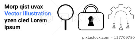 Cybersecurity, encryption, software development, data analysis, digital tools, access verification. Lock, magnifying glass and gear icons in minimalistic style. Cybersecurity and encryption concept Cybersecurity, encryption, software development, data analysis, digital tools, access verification. Lock, magnifying glass and gear icons in minimalistic style. Cybersecurity and encryption concept 137709780