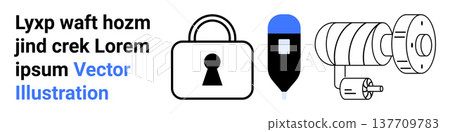 Cybersecurity, digital security, industrial tools, technology, data protection, encryption. Padlock, USB-thumbs up key and gear design in minimal vector format. Cybersecurity and digital security Cybersecurity, digital security, industrial tools, technology, data protection, encryption. Padlock, USB-thumbs up key and gear design in minimal vector format. Cybersecurity and digital security 137709783