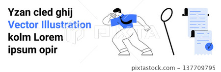 Data analysis, research, business checks, exploration, task validation, productivity. A figure standing with a magnifying glass next to documents checkmarks. Research and task validation concepts 137709795