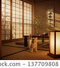 A kitten in a Japanese-style room bathed in the setting sun. 137709808