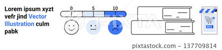 Customer satisfaction, review analysis, ecommerce, education, business workflow, online shopping. Feedback scale with faces and book stack next to a shopping cart. Customer satisfaction and review 137709814