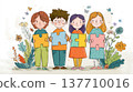 Children stand in a row holding colorful puzzle pieces in their hand, showing support for people with autism. Education in schools and kindergartens 137710016