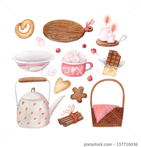 Autumn tea time watercolor clipart set with teapot, basket, sweets, candles, kitchen elements. Cozy fall illustration collection. 137710036