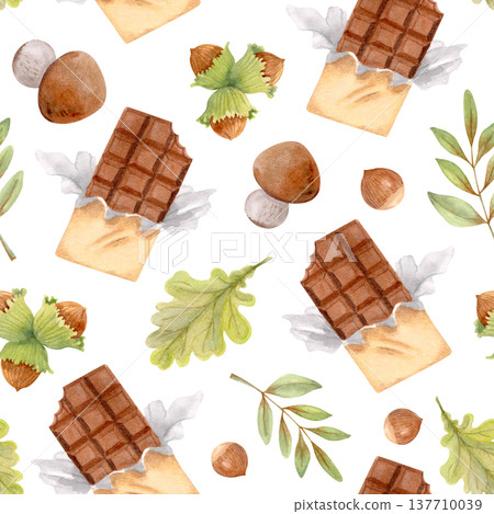 Autumn watercolor seamless pattern with sweets, leaves, chocolate, mushrooms and nuts. Cozy seasonal background for textile prints 137710039