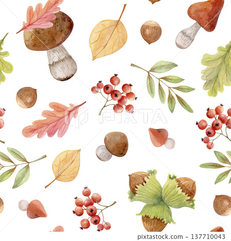 Watercolor autumn seamless pattern with forest mushrooms, berries, leaves and nuts. Cozy woodland fall design for textile prints. Watercolor autumn seamless pattern with forest mushrooms, berries, leaves and nuts. Cozy woodland fall design for textile prints. 137710043