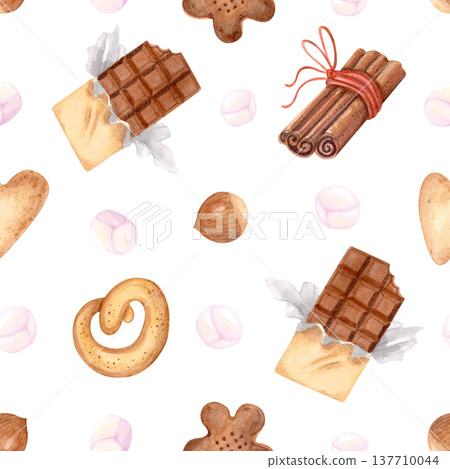 Cozy watercolor seamless pattern with cookies, cinnamon, chocolate, nuts and marshmallows. Hand drawn hygge dessert background. Cozy watercolor seamless pattern with cookies, cinnamon, chocolate, nuts and marshmallows. Hand drawn hygge dessert background. 137710044