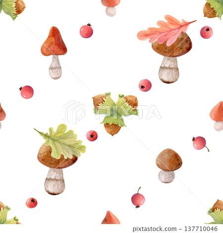 Watercolor autumn seamless pattern with forest mushrooms, berries, leaves and nuts. Cozy woodland fall design for textile prints. 137710046