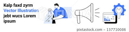 Business communication, data analysis, repairs, technical support, productivity, teamwork. Man fixing an object, loudspeaker gear with chart. Communication and data analysis concept 137710086
