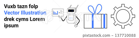 Technology, automation, data analysis, robotics, innovation, teamwork. A robot pointing to an analytics chart, gift box and gear symbol. Technology and automation concept Technology, automation, data analysis, robotics, innovation, teamwork. A robot pointing to an analytics chart, gift box and gear symbol. Technology and automation concept 137710088