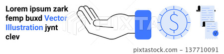 Financial services, contract agreements, business transactions, assistance, economy, professional solutions. Open hand, coin symbol signed document in minimal style. Financial services and contract Financial services, contract agreements, business transactions, assistance, economy, professional solutions. Open hand, coin symbol signed document in minimal style. Financial services and contract 137710091