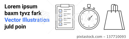 Productivity, time management, e-commerce, goal tracking, shopping, task completion. Icons of a checklist, stopwatch and shopping bag. Productivity and time management concept Productivity, time management, e-commerce, goal tracking, shopping, task completion. Icons of a checklist, stopwatch and shopping bag. Productivity and time management concept 137710093