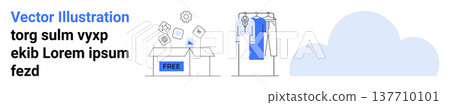 Cloud solutions, digital downloads, online shopping, storage systems, free resources, e-commerce. Box labeled free, clothing on a hanger cloud graphic. Cloud solutions and digital downloads concept 137710101