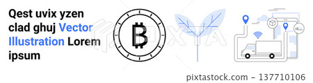 Finance, cryptocurrency, blockchain, logistics, sustainability, technology. Bitcoin symbol, leaf design delivery truck with location pins. Cryptocurrency and blockchain with logistics Finance, cryptocurrency, blockchain, logistics, sustainability, technology. Bitcoin symbol, leaf design delivery truck with location pins. Cryptocurrency and blockchain with logistics 137710106