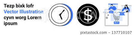 Time management, financial planning, e-commerce, online transactions, digital tools, shopping optimization. Clock, dollar sign and digital shopping cart graphics. Time management and financial Time management, financial planning, e-commerce, online transactions, digital tools, shopping optimization. Clock, dollar sign and digital shopping cart graphics. Time management and financial 137710107