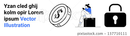 Financial safety, data privacy, monetary value, online security, modern communication, self-development. Dollar coin, sitting woman with phone lock icon. Financial safety and data privacy concept Financial safety, data privacy, monetary value, online security, modern communication, self-development. Dollar coin, sitting woman with phone lock icon. Financial safety and data privacy concept 137710111