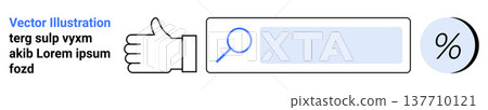 Web searches, browsing, data analysis, digital interfaces, online feedback, business metrics. Search bar with magnifying glass, a thumbs-up sign and a percentage symbol. Web searches and browsing 137710121