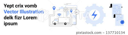Logistics, supply chain, automation, delivery process, navigation, workflow. Visual of delivery trucks, GPS map gear document workflow. Logistics and supply chain process concept 137710134