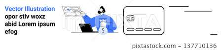 Online payment, financial assistance, customer support, digital banking, e-commerce, digital security. Person with headphone manages finances on laptop, payment icons visible. Financial assistance 137710136