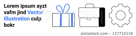 Business planning, teamwork, productivity tools, corporate success, technical innovation, project management. Gift box, briefcase and gear icons on white background. Business and productivity 137710138