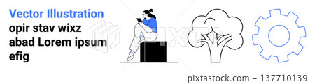 Education, environment, technology, reading habits, sustainability, productivity. Woman sitting while reading her phone, tree outline and gear symbol. Education and environment concept 137710139