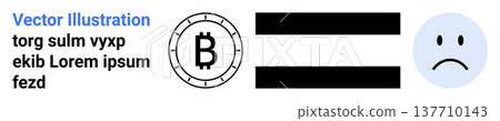 Cryptocurrency, emotions, financial loss, digital currency, investment risks, blockchain. Bitcoin symbol next to sad face with equal sign. Cryptocurrency and emotions concept 137710143