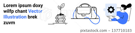 Business strategy, education, innovation, professional development, technology, productivity. Designed plant and briefcase with connecting cable, woman with gear diagram. Business strategy 137710183