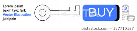 Cryptocurrency, digital finance, e-commerce, blockchain, online transactions, tech security. Key with a buy button and Bitcoin coins. Cryptocurrency and digital finance concept Cryptocurrency, digital finance, e-commerce, blockchain, online transactions, tech security. Key with a buy button and Bitcoin coins. Cryptocurrency and digital finance concept 137710187