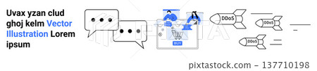 Cybersecurity, eCommerce, digital protection, data security, online threats, modern technology. Speech bubble, shopping cart DDoS attack icons. Cybersecurity and eCommerce protection concept Cybersecurity, eCommerce, digital protection, data security, online threats, modern technology. Speech bubble, shopping cart DDoS attack icons. Cybersecurity and eCommerce protection concept 137710198