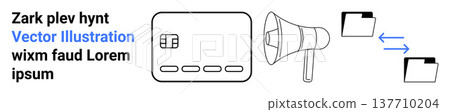 Digital marketing, data sharing, finance, communication, file management, e-commerce. Credit card, megaphone and folder icons with arrows. Digital marketing and data sharing visualization Digital marketing, data sharing, finance, communication, file management, e-commerce. Credit card, megaphone and folder icons with arrows. Digital marketing and data sharing visualization 137710204