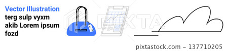 Business planning, travel essentials, cloud storage, data visualization, analytics, organization. Minimal icons a bag, a clipboard with graphs and a cloud. Business planning and travel essentials Business planning, travel essentials, cloud storage, data visualization, analytics, organization. Minimal icons a bag, a clipboard with graphs and a cloud. Business planning and travel essentials 137710205
