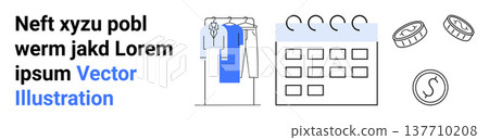 Retail planning, scheduling, wardrobe organization, financial savings, clothing sales, ecommerce. Hanging clothes, a calendar and coin symbols. Retail planning and scheduling concept Retail planning, scheduling, wardrobe organization, financial savings, clothing sales, ecommerce. Hanging clothes, a calendar and coin symbols. Retail planning and scheduling concept 137710208