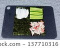 Creamy crab stick and mayonnaise mixture added to third quarter of nori sheet. Next layer in building lazy sushi sandwich after cucumber. Step by step homemade Japanese recipe tutorial 137710316