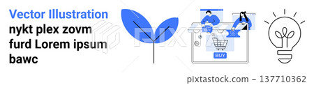 E-commerce, online shopping, digital solutions, business growth, innovation, creative concepts. Shopping cart, leaf graphic and a lightbulb icon. E-commerce and business growth concepts E-commerce, online shopping, digital solutions, business growth, innovation, creative concepts. Shopping cart, leaf graphic and a lightbulb icon. E-commerce and business growth concepts 137710362