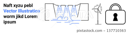 Renewable energy, eco-friendly solutions, water conservation, green technology, energy security, sustainable practices. a dam, wind turbine and lock symbol. Renewable energy and energy security 137710363
