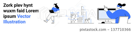 Remote work, teamwork, digital communication, urban lifestyle, office productivity, technology. Woman with laptop, buildings a professional on a computer. Remote work and digital communication Remote work, teamwork, digital communication, urban lifestyle, office productivity, technology. Woman with laptop, buildings a professional on a computer. Remote work and digital communication 137710366