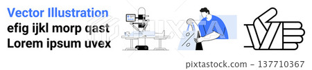 Technology, automation, shopping, approval processes, robotics, business operations. Robot at work, person shopping and thumbs-up hand symbol. Technology and automation explored through icons 137710367