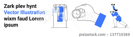 Time tracking, productivity, personal fitness, organization, minimalism, daily routines. A clock in hand, clothes on a rack and a woman exercising. Time tracking and productivity Time tracking, productivity, personal fitness, organization, minimalism, daily routines. A clock in hand, clothes on a rack and a woman exercising. Time tracking and productivity 137710369
