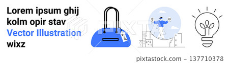 Business ideas, creativity, balance in life, branding, entrepreneurship, innovation. Blue handbag, man balancing above city light bulb symbol. Creativity and business ideas theme Business ideas, creativity, balance in life, branding, entrepreneurship, innovation. Blue handbag, man balancing above city light bulb symbol. Creativity and business ideas theme 137710378