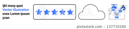 Customer feedback, digital storage, online shopping, e-commerce platforms, user reviews, ratings. Five stars, cloud icon and shopping cart checkout visual. Customer feedback and digital storage Customer feedback, digital storage, online shopping, e-commerce platforms, user reviews, ratings. Five stars, cloud icon and shopping cart checkout visual. Customer feedback and digital storage 137710380