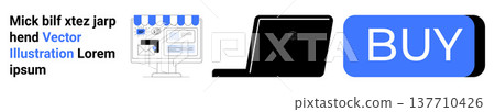 E-commerce, online shopping, retail websites, digital marketing, payment systems, checkout processes. Storefront, laptop and blue buy button on display. E-commerce and online shopping concept 137710426