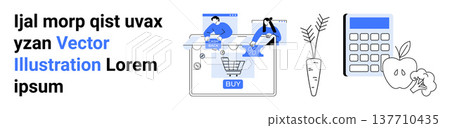 E-commerce, healthy choices, online grocery, budgeting, nutritional planning, technology integration. Shopping cart, food icons calculator on screen. E-commerce and healthy choices for digital E-commerce, healthy choices, online grocery, budgeting, nutritional planning, technology integration. Shopping cart, food icons calculator on screen. E-commerce and healthy choices for digital 137710435