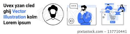 E-commerce, user identity, digital interaction, authentication, online shopping, communication. Human icon, person with speech bubble online store checkout. E-commerce and user identity concept E-commerce, user identity, digital interaction, authentication, online shopping, communication. Human icon, person with speech bubble online store checkout. E-commerce and user identity concept 137710441
