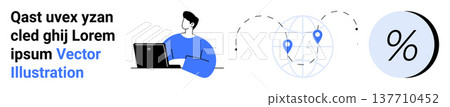 Business management, workflow automation, digital marketing, global reach, data analysis, finance tracking. Man using laptop with global markers and percentage icon. Business and digital marketing 137710452
