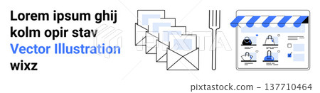 Digital marketing, e-commerce, online communication, email campaigns, small business tools, customer interaction. Envelopes, fork and website screen. Digital marketing and e-commerce concept 137710464