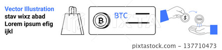 Cryptocurrency, e-commerce, online transactions, digital payments, Bitcoin trading, shopping. Bitcoin logo and shopping bag illustration. Cryptocurrency and e-commerce concept Cryptocurrency, e-commerce, online transactions, digital payments, Bitcoin trading, shopping. Bitcoin logo and shopping bag illustration. Cryptocurrency and e-commerce concept 137710473