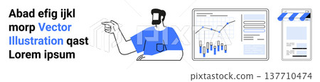 Data analysis, e-commerce, business strategy, online marketing, digital tools, performance metrics. Man gesturing beside analytics charts and mobile storefront design. Data analysis and e-commerce Data analysis, e-commerce, business strategy, online marketing, digital tools, performance metrics. Man gesturing beside analytics charts and mobile storefront design. Data analysis and e-commerce 137710474