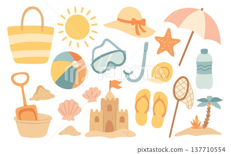Cute beach illustration set with umbrella, snorkel mask, starfish, seashell, sandcastle, bucket, ball and flipflop, playful summer vacation elements for seaside travel themes Cute beach illustration set with umbrella, snorkel mask, starfish, seashell, sandcastle, bucket, ball and flipflop, playful summer vacation elements for seaside travel themes 137710554